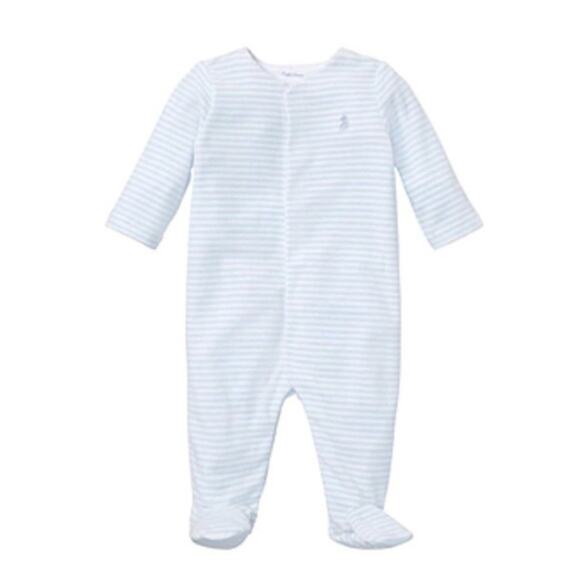 Ralph Lauren Blue Stripe Terry Cloth Velour Logo Baby Sleepsuit Footie 6 Mths - Picture 1 of 8